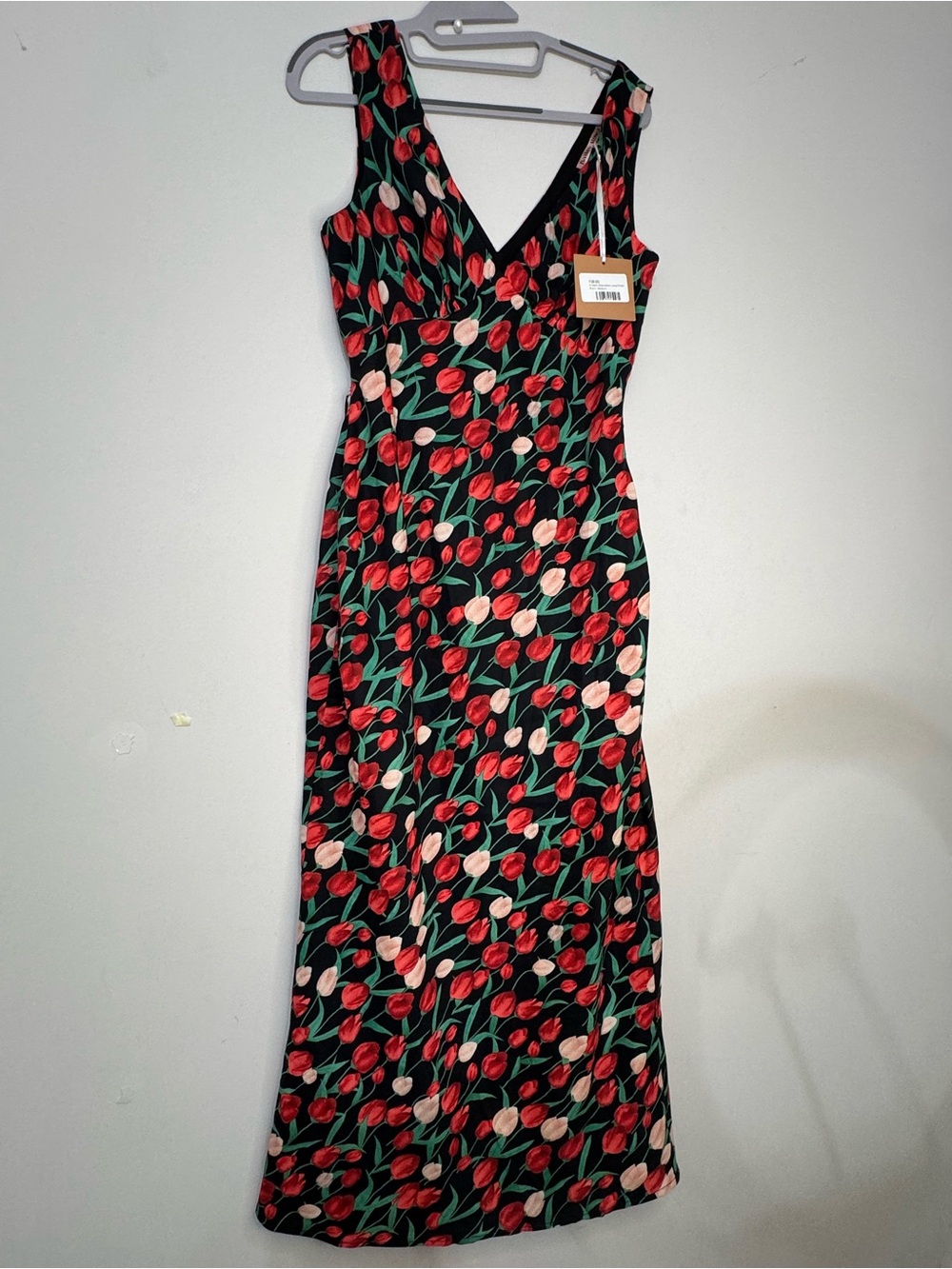 Sleeveless V-Neck Floral Tulip Maxi Dress - Black with Red & Pink NWT